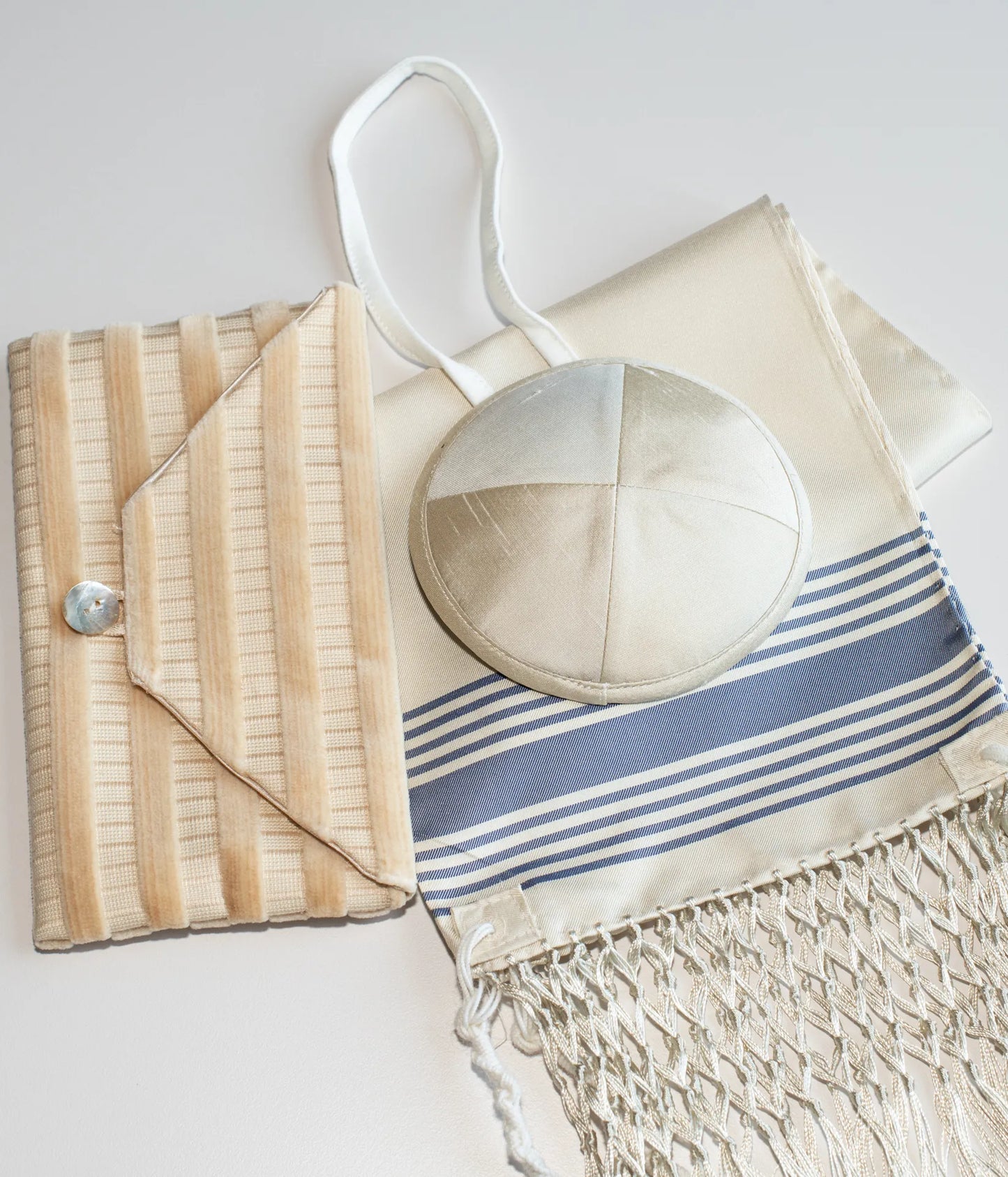 white Baby Kippah with tallit and bag