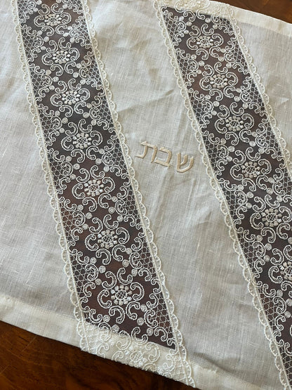 Ivory Linen Challah Cover with Diagonal Lace Details