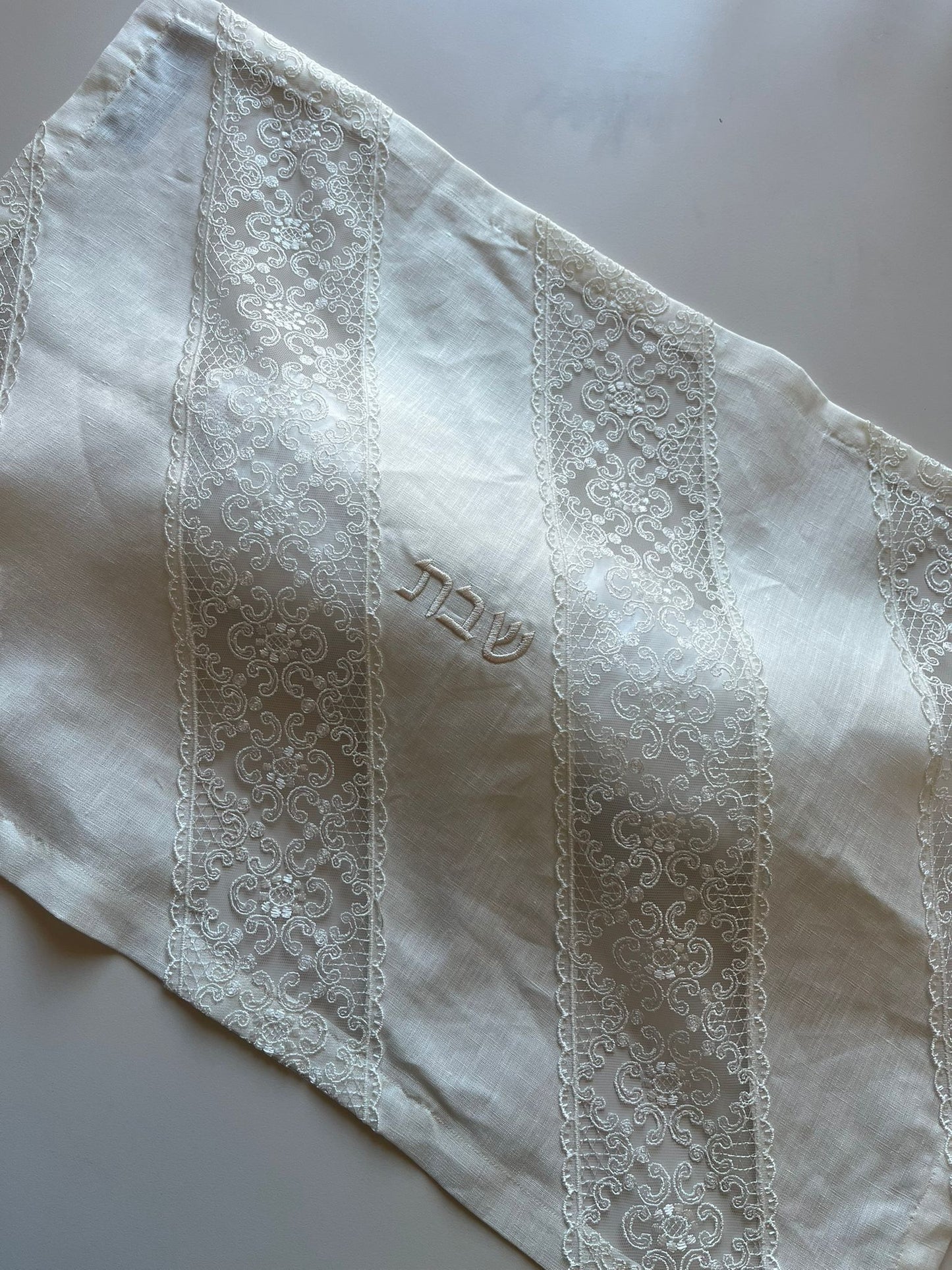 Ivory Linen Challah Cover with Diagonal Lace Details