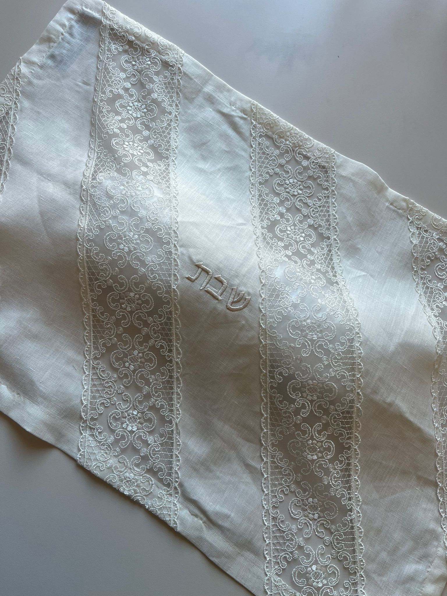 Ivory Linen Challah Cover with Diagonal Lace Details