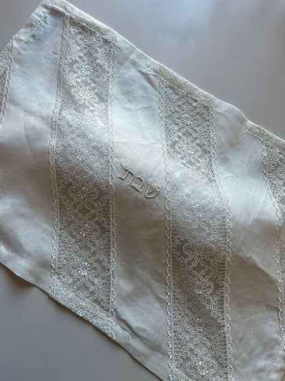 Ivory Linen Challah Cover with Diagonal Lace Details